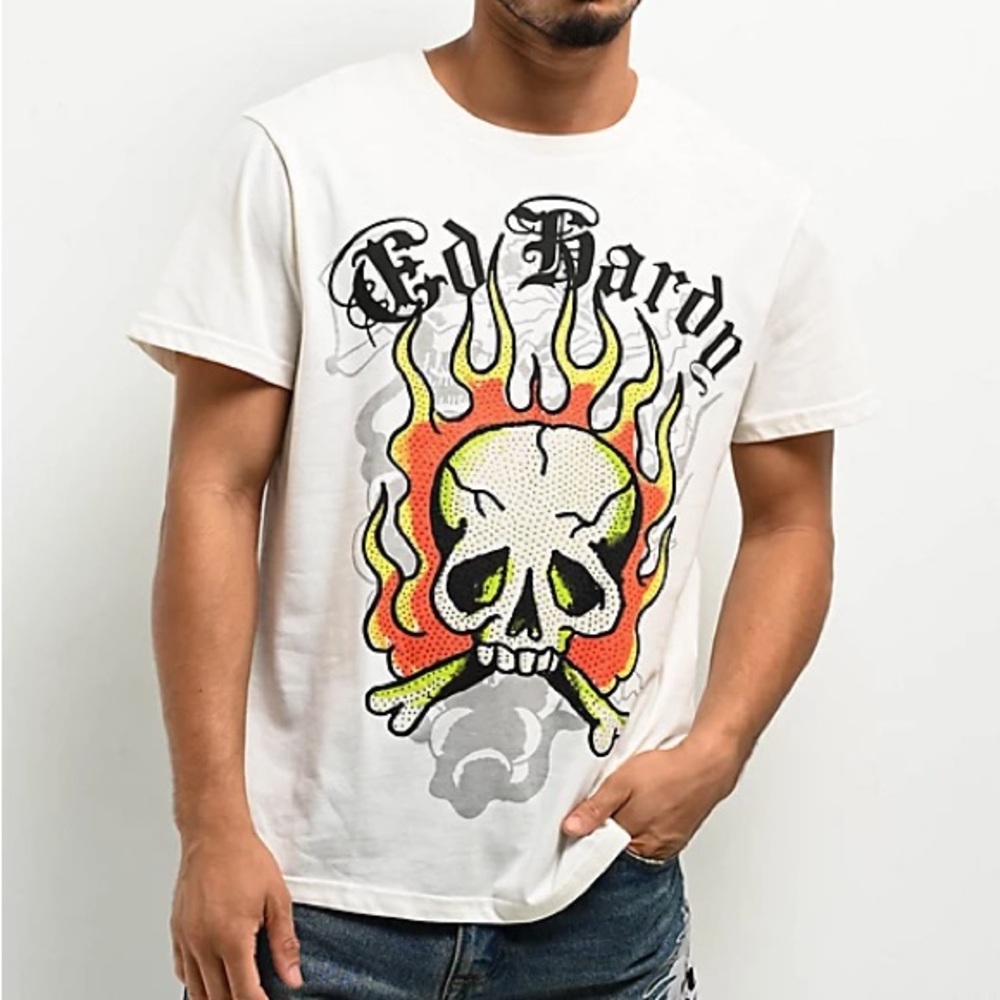 Ed Hardy New Condition Flame Skull Rhinestone Short Sleeve T-Shirt XL